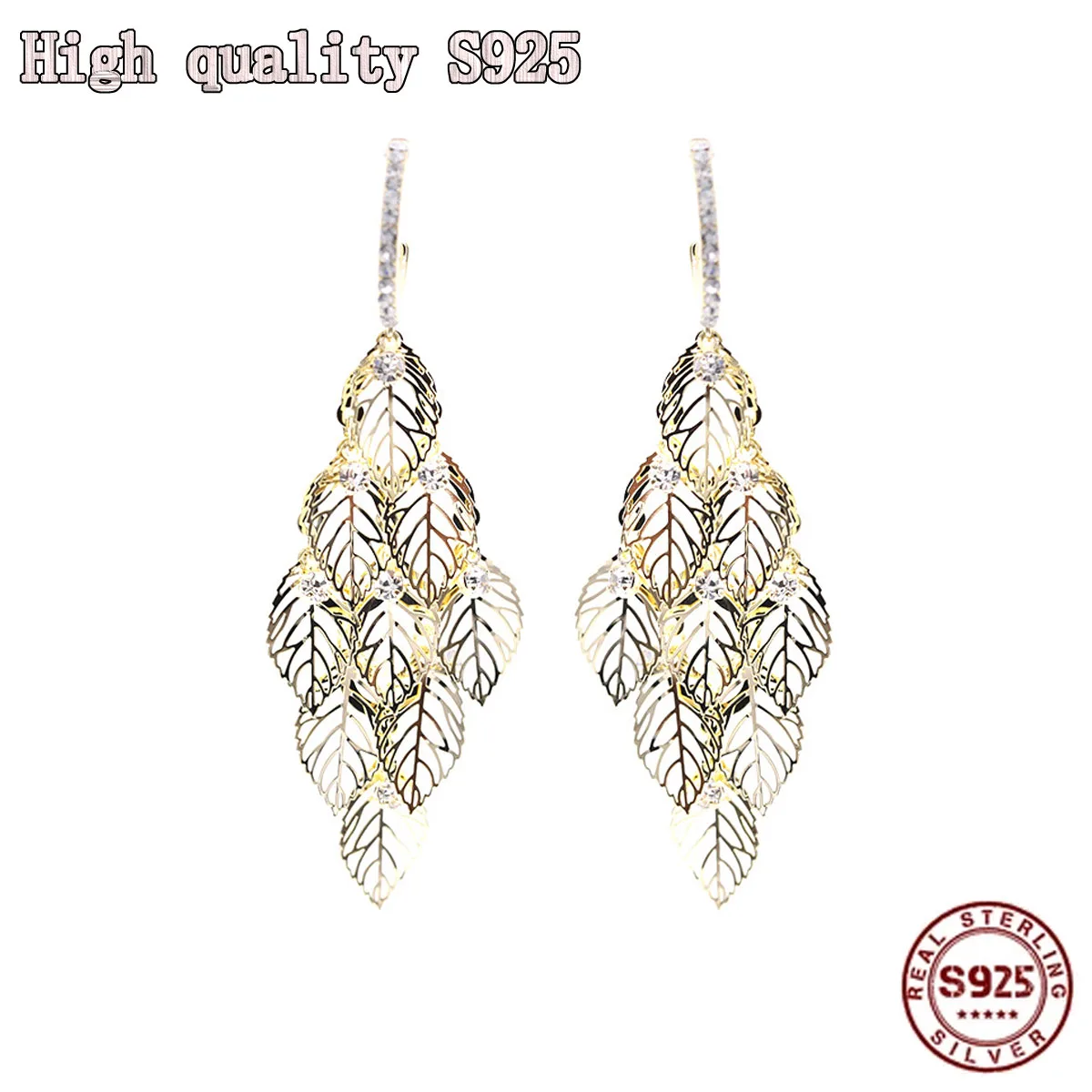 

S925 Silver Needle High Quality Gold Hollow Leaf Earrings Temperament Long Personality Exaggerated Tassel Women Earrings