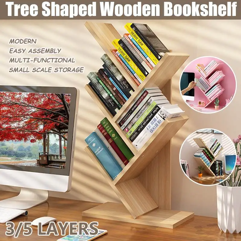 

3/5 Layers Tree Shaped Bookshelf Desk Study Bookcase Multi-grid Storage Shelf Wooden Creative Study Bookcase Furniture Decor