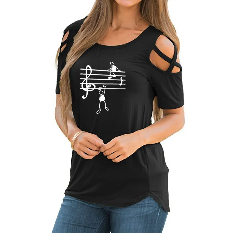 Женская футболка с принтом музыкальных нот модная ажурная открытыми плечами в
