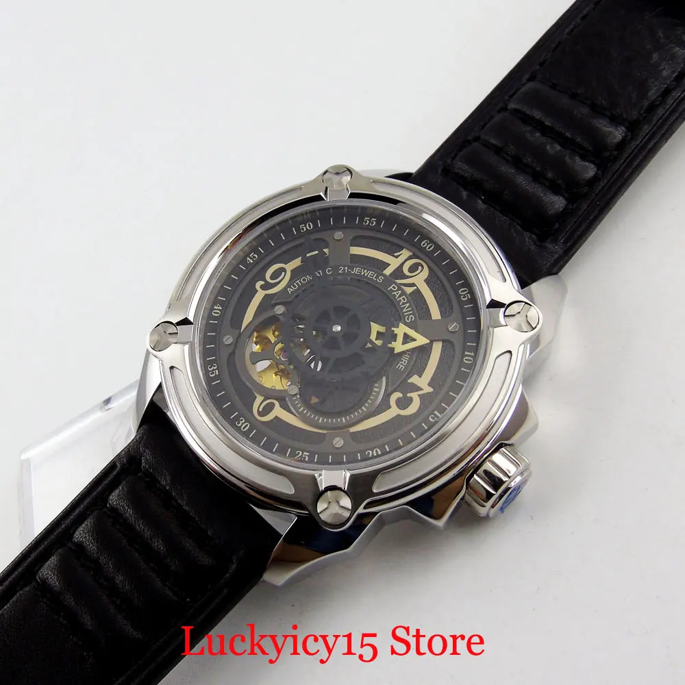 

PARNIS Luxury Top Quality 44mm Stainless Steel Men Wristwatch Automatic Movement Sapphire Glass Leather Strap