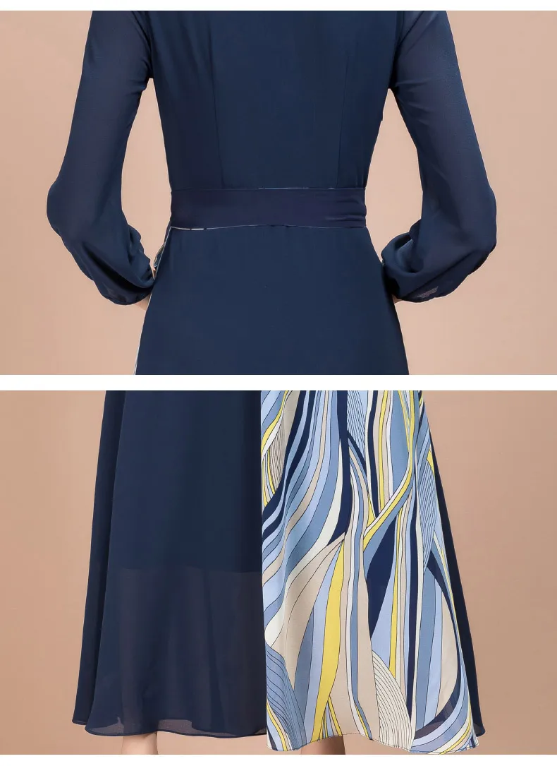 

New Spring Women's Chiffon Skirt V Neck Contrast Color Matching Female Casual Dress