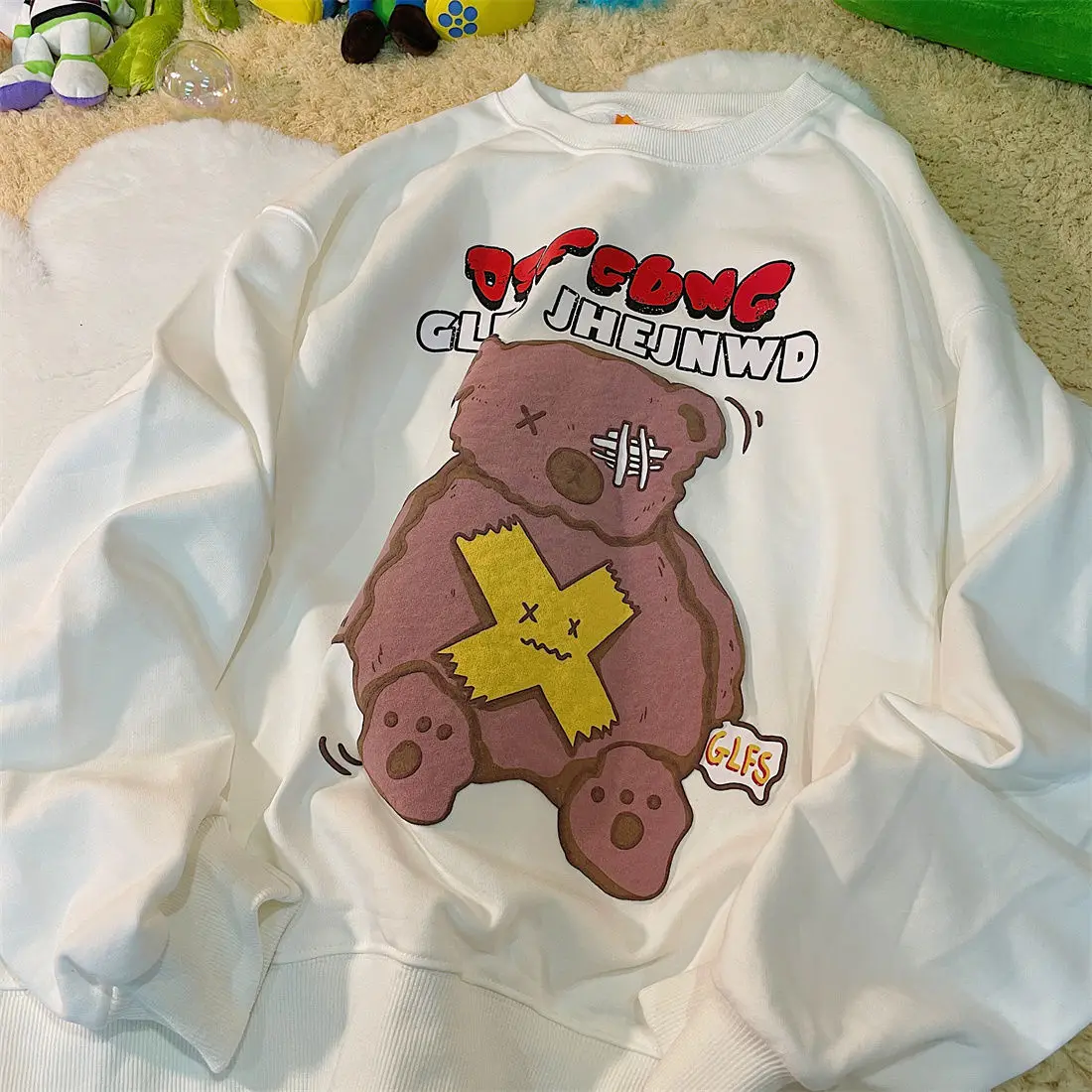 

American Hip Hop Funny Bear Letter Printing Sweatshirt Women Long Sleeve Tops 2021 Autumn New Korean Fashion Clothes for Teens