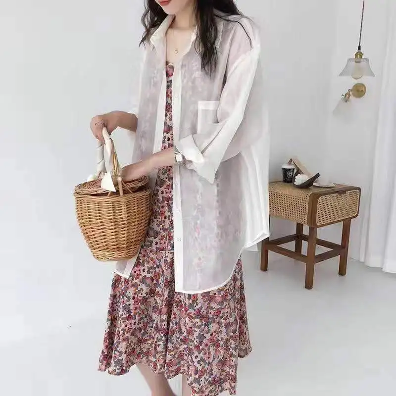 

Shirts Women Chiffon Summer Thin 4 Colors Vogue Female Soft Sun Proof Classic Solid Casual All-match Mujer Back Split Drawstring