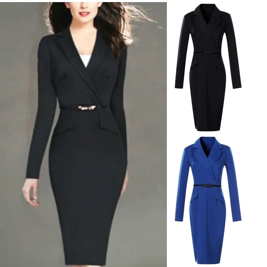 Осень зима 2019 Женская офисная одежда элегантное женское платье с v образным