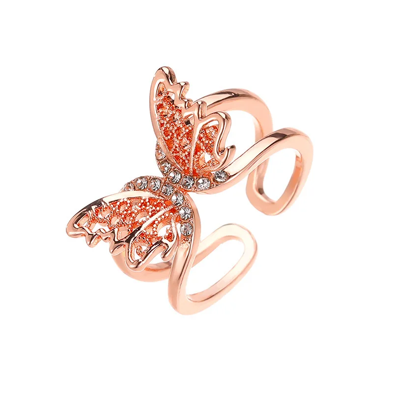 

TIMEONLY Retro Hollow Double Layered Butterfly Rings for Women Rose Gold Silver Metal Simulation Wing Wide Charm Rings Jewelry