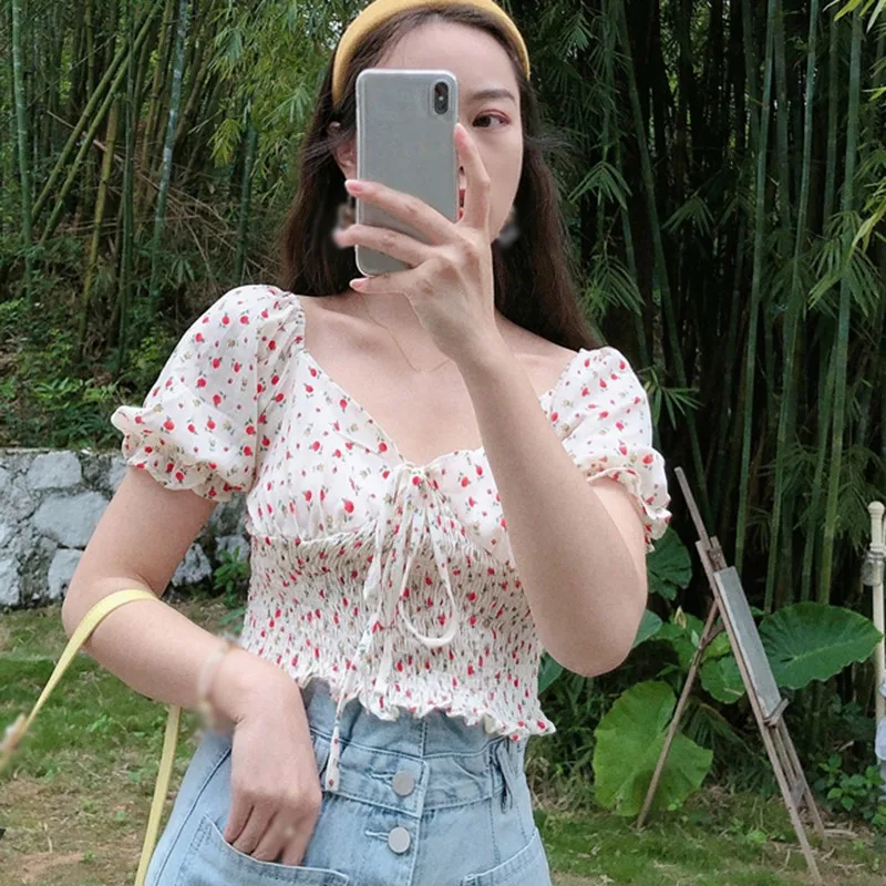 

Sweet Print Short Shirt Fashion V Neck Chiffon Blouses Summer Women Blouses Tops