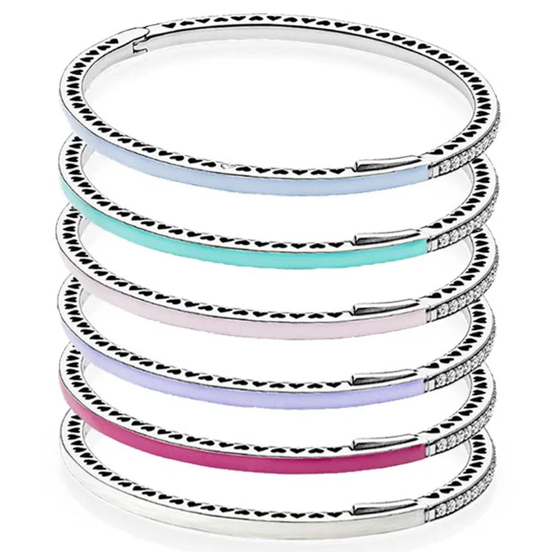 

Multicolor Radiant Hearts With Cubic Zirconia 925 Sterling Silver Bangle Fit Fashion Original Bracelet Bead Charm Diy Jewelry