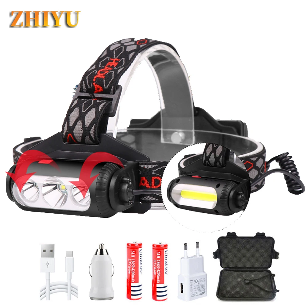 

360 Degree Rotating T6 XPE COB Headlamp High Power Use 18650 Head Flashlight White Red Green Lights USB Rechargeable Lamp