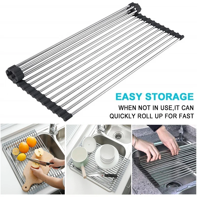 

Rolling Foldable Dish Drying Rack Kitchen Accessories Organizer Fruit Vegetable Tray Gadgets Drainer Tools Dropship Holders