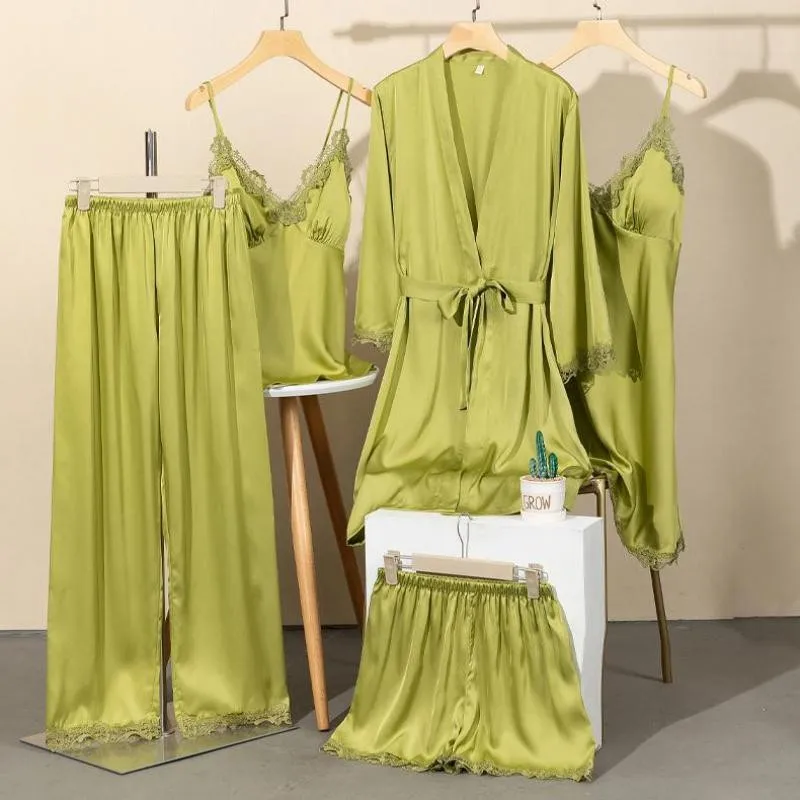 

V-Neck Summer Sleepwear 5 Pieces Pajamas Suit For Women Satin Ice Silk Pyjamas Loose Loungewear Sexy Nightdress Home Wear