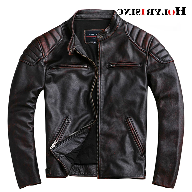 

brown coat vintage plus size mens cowhide Jackets men's genuine Leather jacket man street biker coat classic motor style 19120