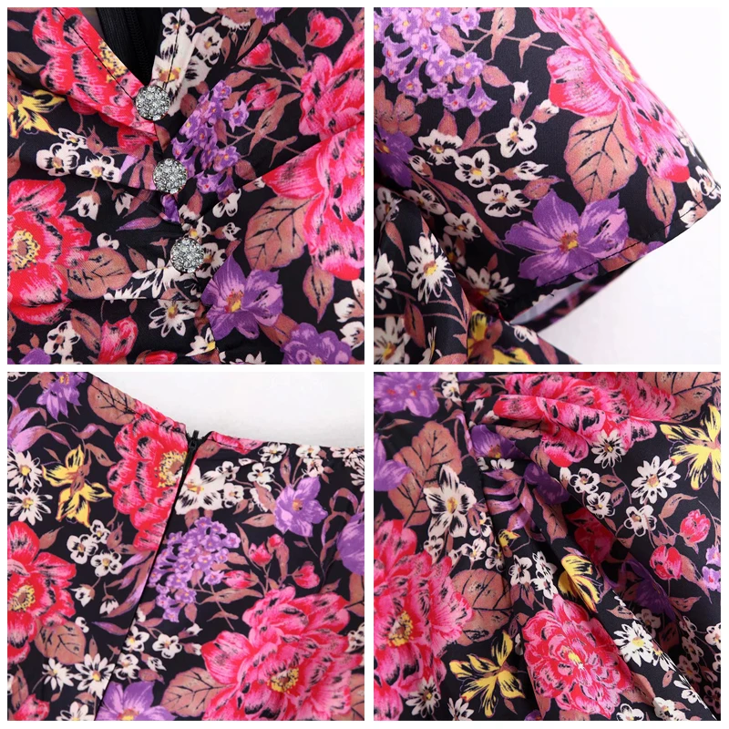 ROHOPO Puff Sleeve Autumn Floral Draped Cake Dress V Collar Back Zipper Closure Sheathe Printed Sexy Mini Party Vestido #9719 | Женская