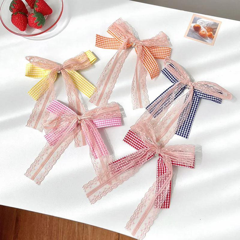

2021 Children Cute Colors Plaid Lace Bow Ornament Hair Clips Girls Lovely Alloy Barrettes Hairpins Kids Sweet Hair Accessories