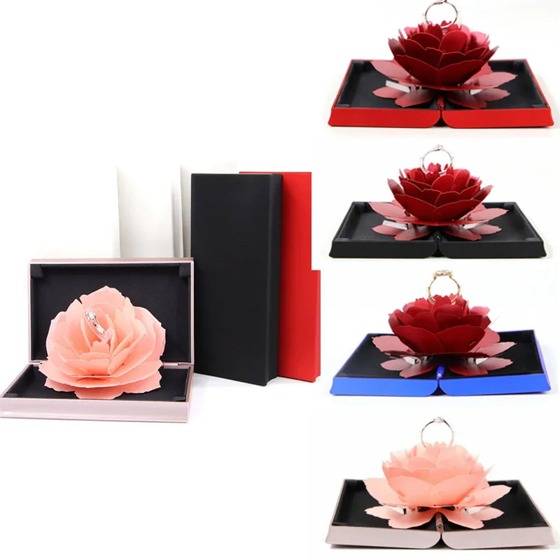 

3D Pop Up Rose Ring Box Wedding Party Engagement Jewelry Storage Holder Case Bump Rectangular Marriage Rotating Rose Ring Box