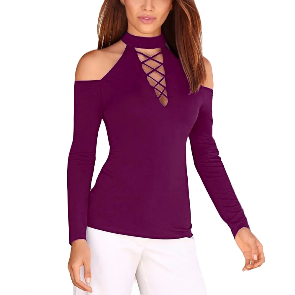 Женская блузка без бретелек с длинным рукавом одноцветная Свободная пуловер