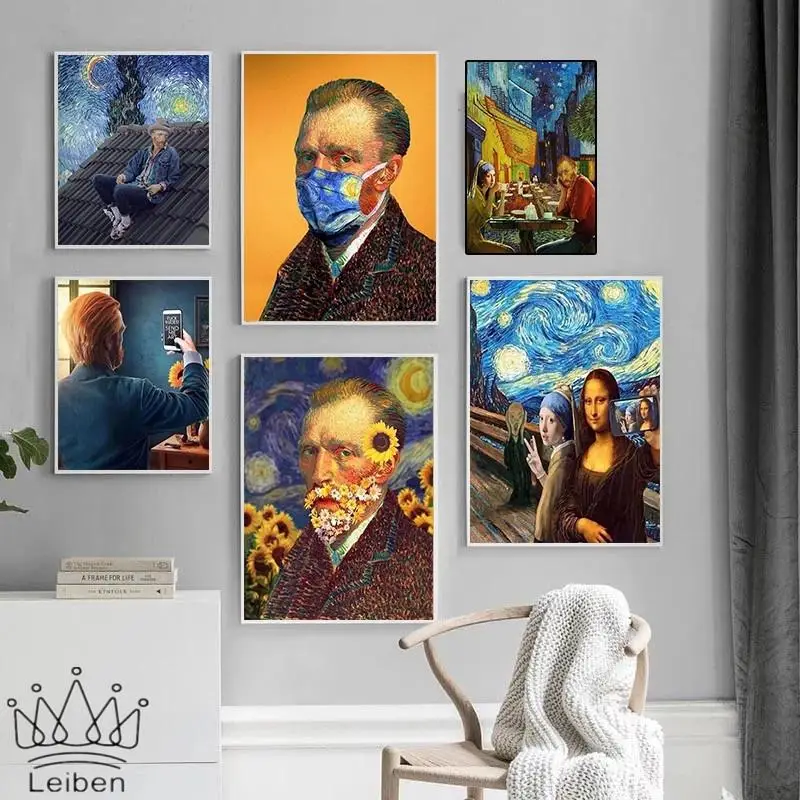 

Funny Van Gogh Mona Lisa Posters and Prints Nordic Abstract Sunflower Starry Canvas Painting Wall Art Picture Living Room Decor