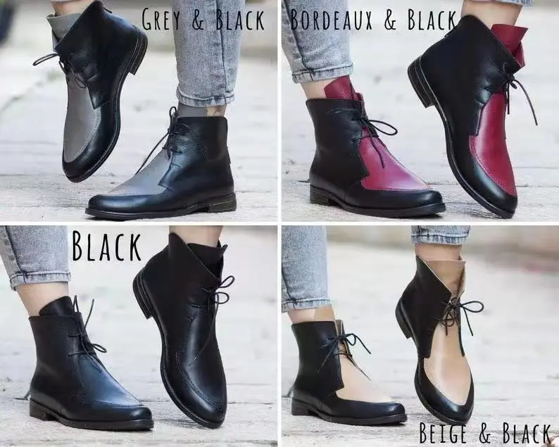 

Women Boots 2020 New Winter Retro Short Boots Mixed Color Round Toe Ladies Casual Shoes PU Leather Western Boots Female Shoes