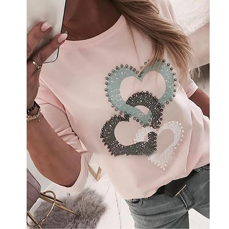 Женская футболка с длинным рукавом розовая Повседневная круглым вырезом и