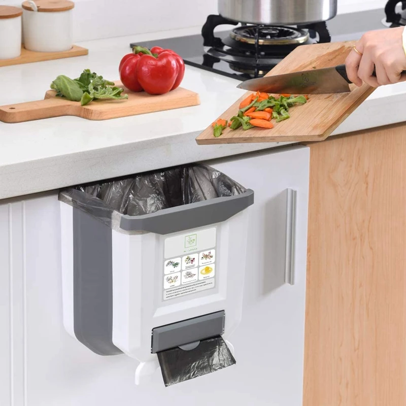 

2Pcs Hanging Trash Can Folded with Trash Bag Storage Slot,for Kitchen,Small Waste Garbage Can/Trash Bin