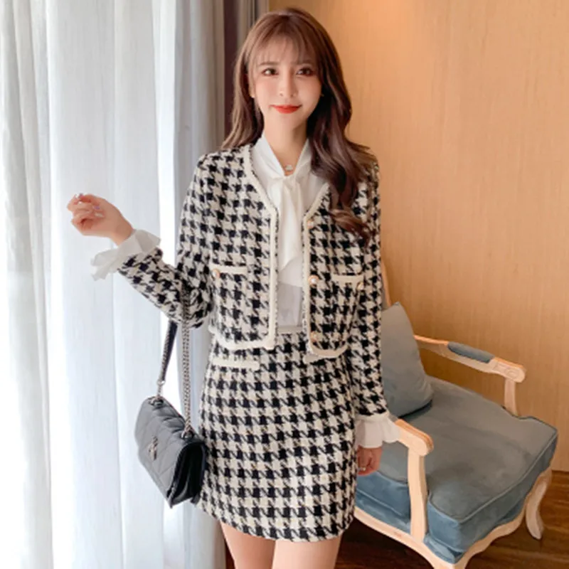 

Fashion Vintage Houndstooth Woolen Pearl Button V-Neck Coat And Skirt Two Piece Set Women Autumn Casual Cropped Jacket Suits