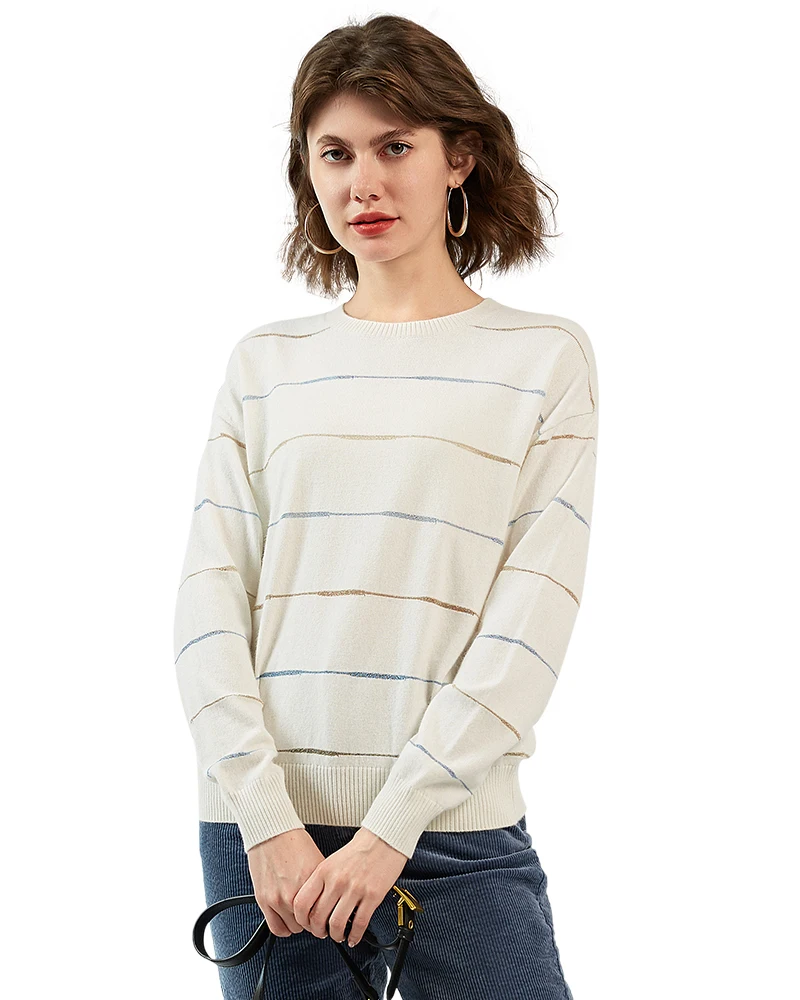 

Zhili Women's 100% Cashmere Striped Knit Crewneck Sweater