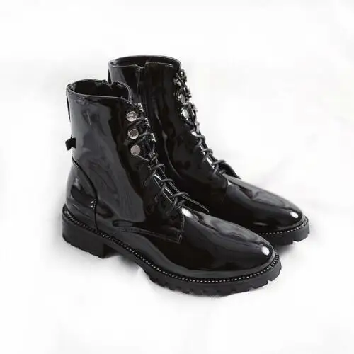 

Womens Rivet Patent Leather Chunky Low Heels Lace Up Martin Ankle Boots Shoes Sz