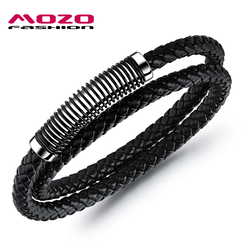 

Fashion Men Charm Simple Spring Bracelets Black Leather Stainless Steel Magnet Buckle Bangle Jewelry PS1056
