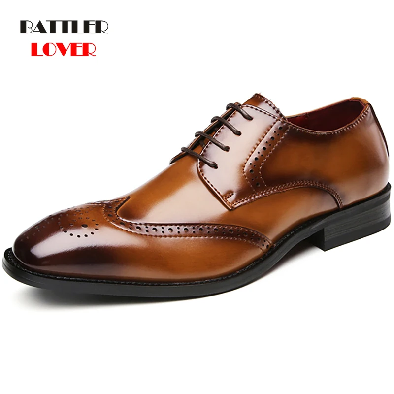 

2021 Brogue Oxfords Men's Genuine Cow Leather Formal Shoes Burgundy Stylish Bullock Dress Shoes For Male Wedding Dinner Footwear