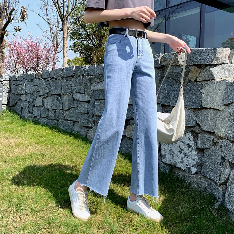 

Streetwear Denim Blue Button Fly Loose Wide Leg Denim Jeans Women High Waist Tassel Vintage Female Jeans Pants 2020