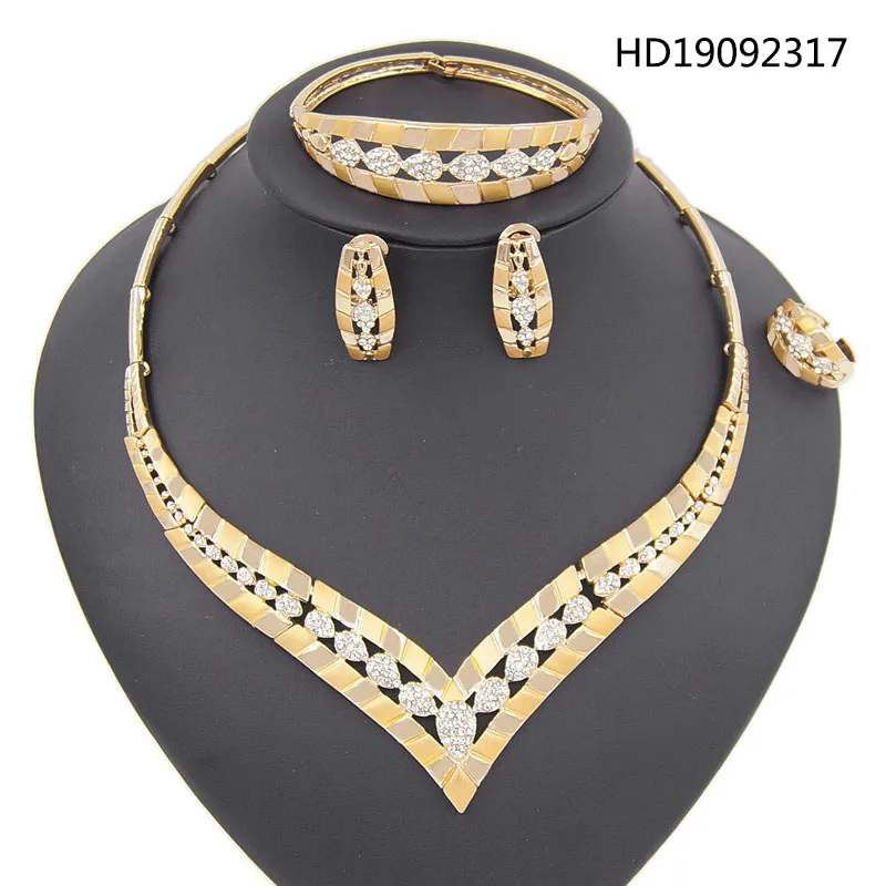 

Yulaili 2019 Vintage Crystal Bridal Wedding Jewelry Sets African Gold Color Rhinestone Necklace Stud Earrings Bracelet Ring Set
