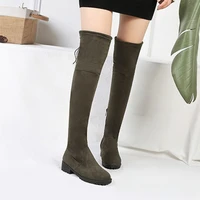 womens round toe flats over the knee boots solid seude side zipper back lace up booties lady sexy thigh long bootas plus size