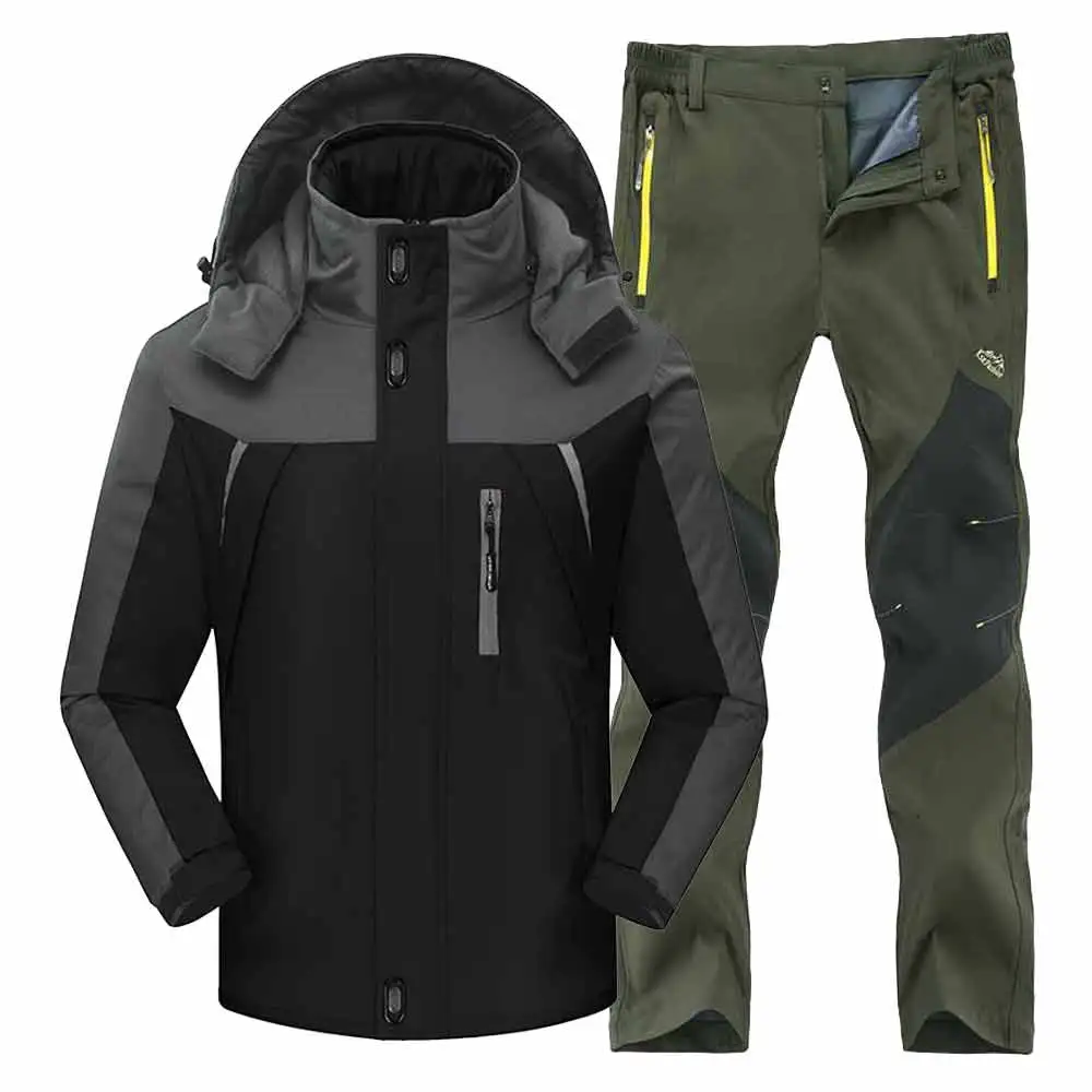 BlackArmyGreenSuit Мужские зимние водонепроницаемые лыжные теплые флисовые походные куртки для рыбалки и катания на лыжах, мужские походные брюки, походная куртка, комплект, 4XL костюм - Цвет: BlackArmyGreenSuit