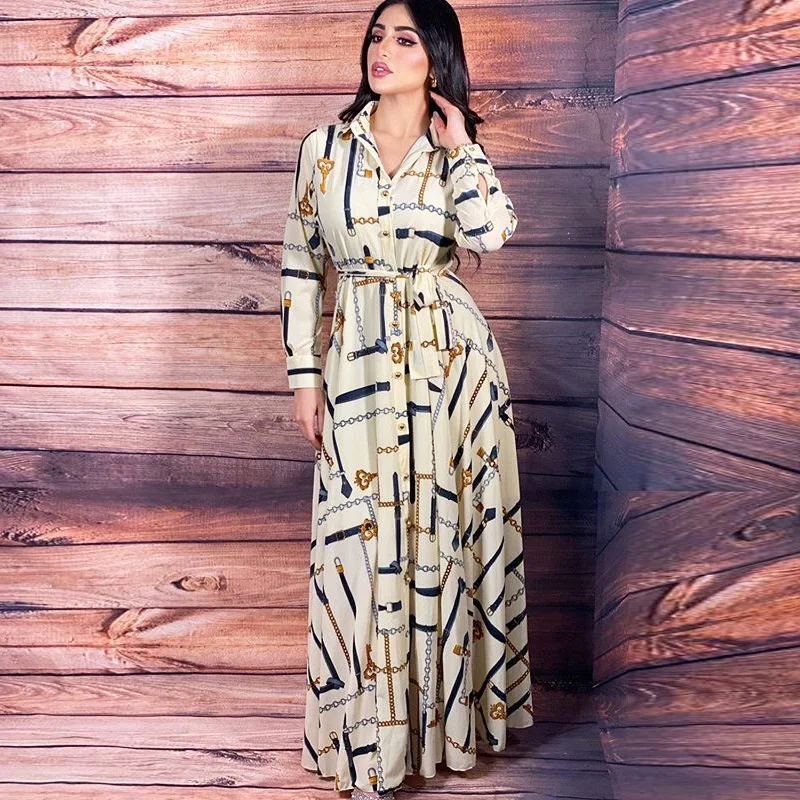 Chain Print Long Shirt Dresses for Women Muslim Dress Abaya Dubai Turkey Arabic Oman African Islam Clothes Lapel Single-breasted