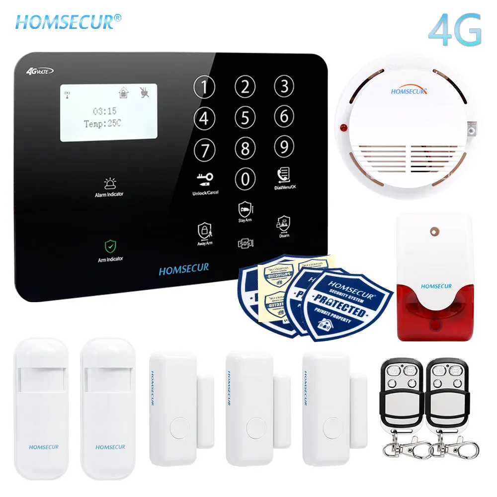 HOMSECUR Беспроводной и проводной 4G/3G/GSM LCD Домашняя сигнализация Система с тревожной кнопкой - Цвет: 4G Set C