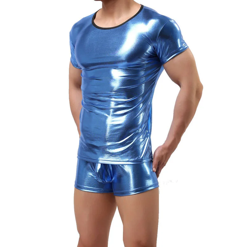 

Shiny Men Undershirt Leather Top And Bottom 2 Piece Men T Shirts Clubwear Tops Tees Leather Pants Boxer Short Sexy Men Underwear