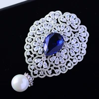 vintage big blue zircons crystal brooches pins for women wedding bridal bouquets jewelry accessories elegant dangle broches pin
