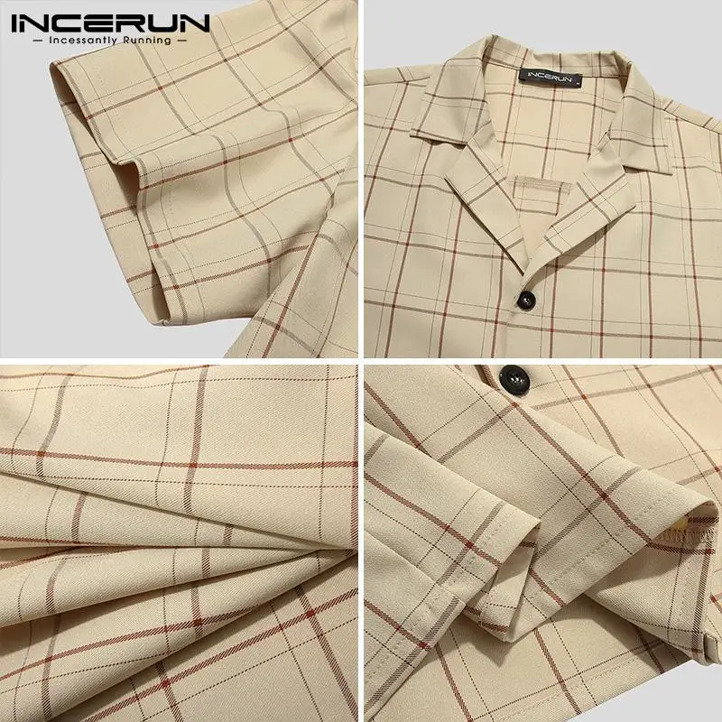 

Summer Short Sleeve Lapel Tops Elastic Shorts 2 Pieces INCERUN Men Casual Plaid Suits Fashion Man Leisure Comfortable Sets S-5XL