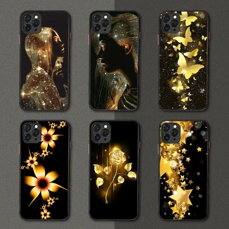 

Soft Cover Sac Gold Flower Butterfly Phone Case Black Transparent Matte For IPhone 7 8 11 12 S Mini Pro X XS XR Plus Cover Shell
