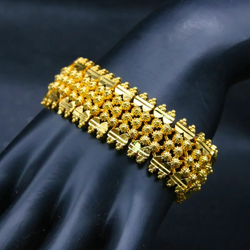 24MM Wide Flower Pattern Bracelet Dubai Gold Filled Middle East Arab/African/Ethiopian Thick Bangle 20cm