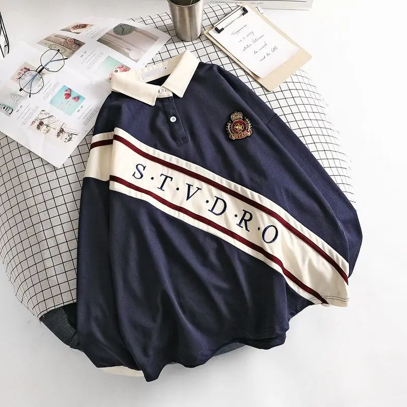 

Vintage Polo Shirts Women Letter Print Sweatshirt Japanese Korean Autumn Long Sleeve Harajuku Tops Female