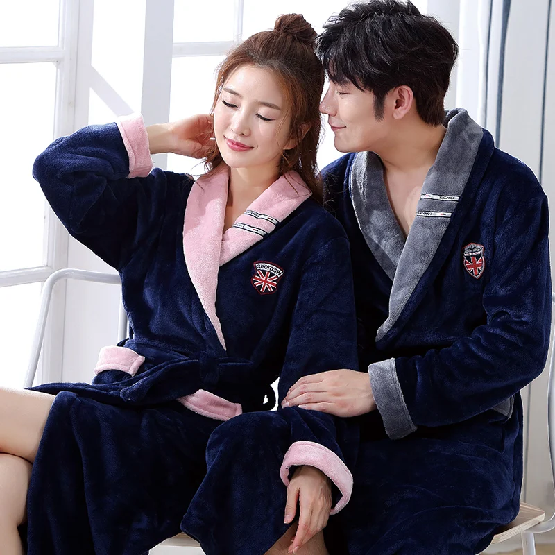 

Winter Thick Warm Female Coral Fleece Kimono Robe Lovers Couple Nightgown Bath Gown Sleepwear Men Large Nightwear