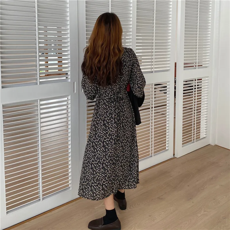 

HziriP 2021 Autumn Long Dress For Women Floral All Match Slim Waist V-neck Full Sleeves Elegant Gentle Female Office Lady Casual