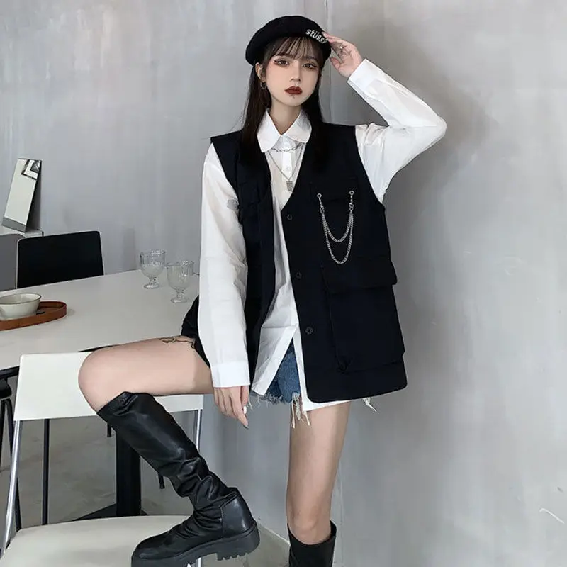 

Vest coat female spring summer Korean version ins retro personality white overalls vest loose vest