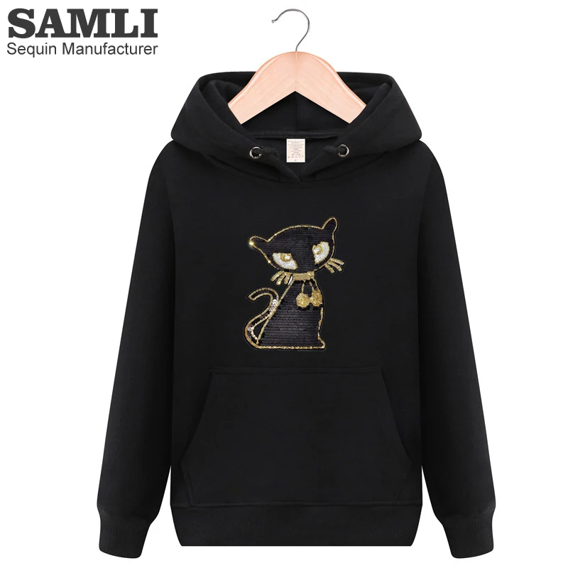 

Black Cat Cartoon Hoodies for Women Causal Autumn 100% Cotton Sequins Sweatshirts Girls Sports Hooded Women's Tops