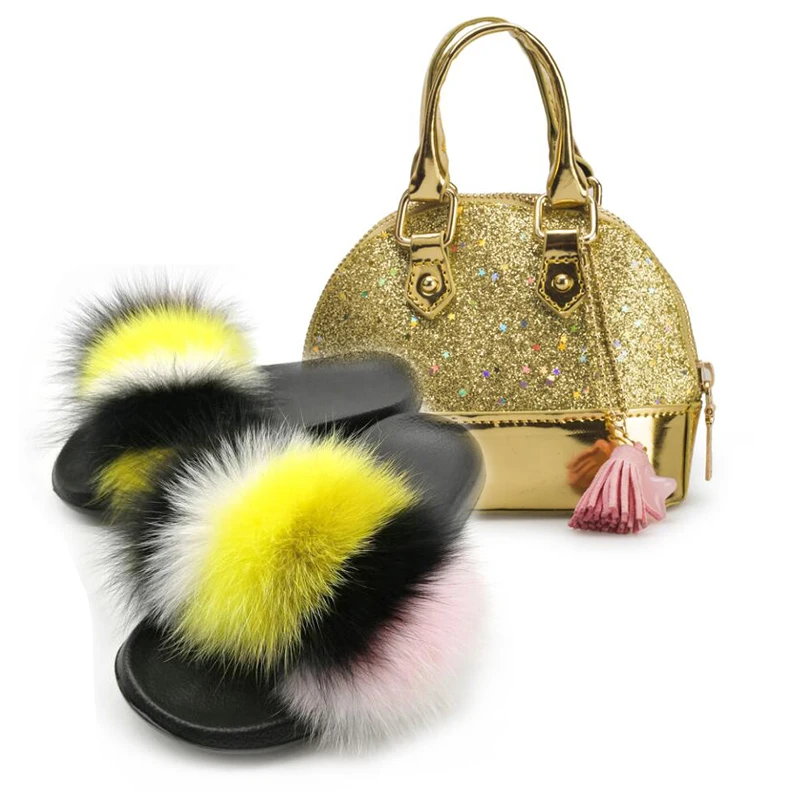 

Kids Fur Slides Real Fox Slippers Toddler Plush Shoes Sweet Girl Sandals Sequin Purse Fluffy Fur Flip Flops Mini Chain Bags Hot