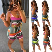 echoine women sexy stripe print hollow out knit rib skinny sport playsuit summer slim sleeveless backless rompers jumpsuit short
