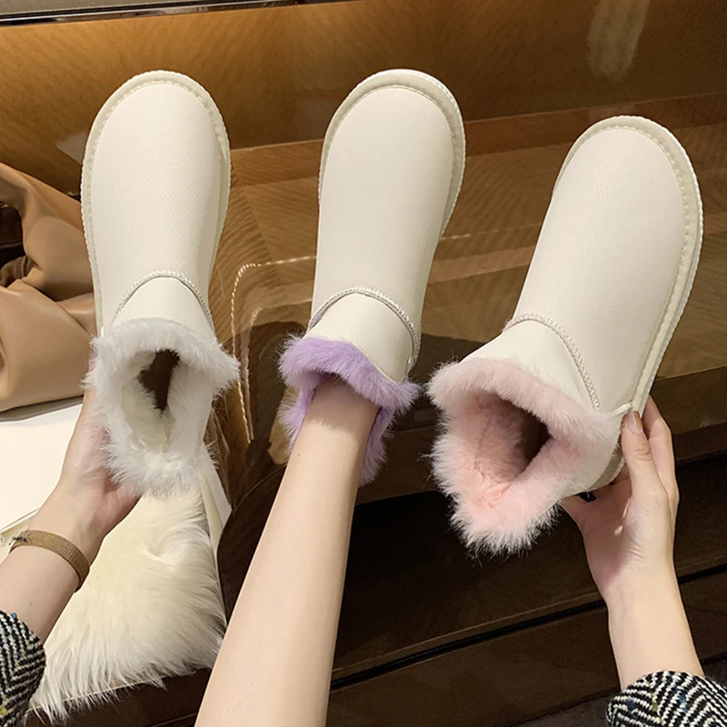 

Женские ботинки на плоской подошве с круглым носком, австралийская Белая обувь, женские сапоги, плюшевая зимняя обувь на платформе, женская ...