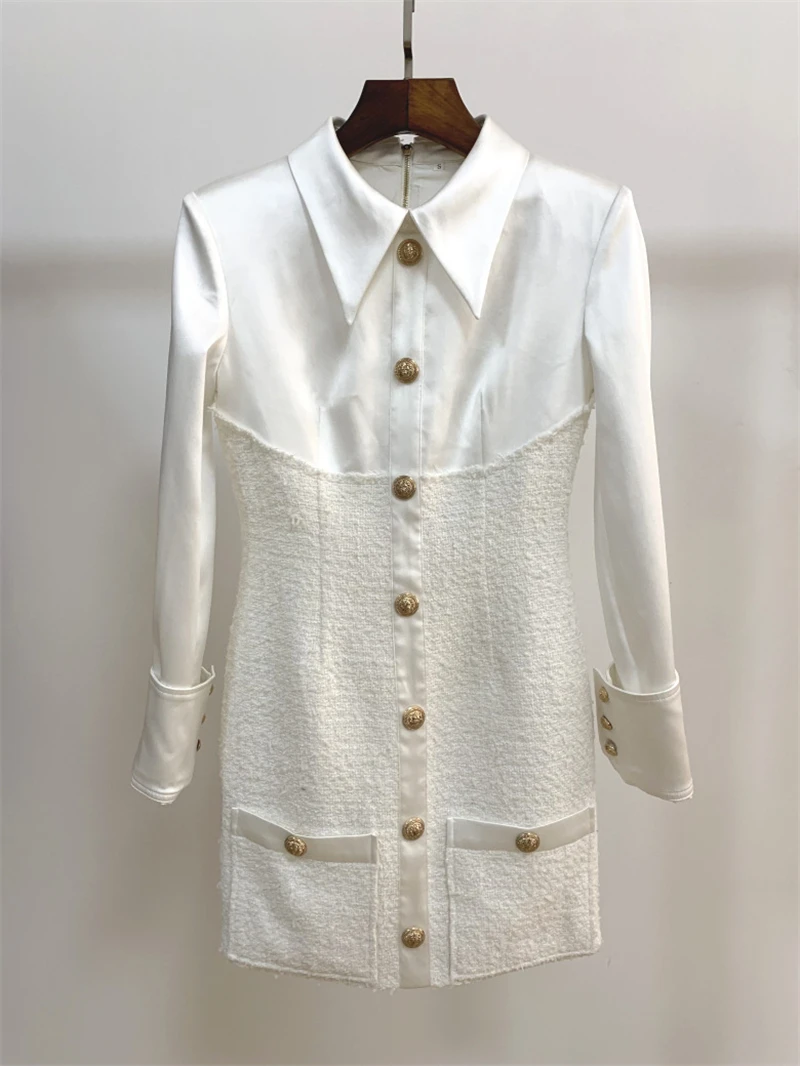

COLOREE 2019 Autumn Winter Women Dress Ladies Office Single Breasted White Mini Dress Vintage Long Sleeve Patchwork Dress OL
