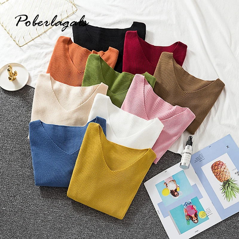 Пуловер женский трикотажный с V-образным вырезом на осень/зиму | Женская одежда