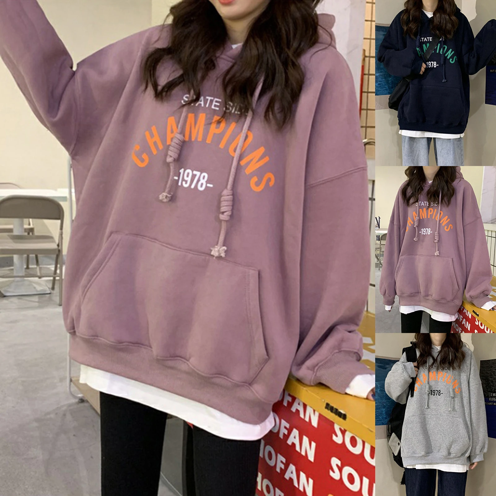 Women Letters Print Plush Warm Hoodie Sweatshirt Long Sleeve Autumn Pullover